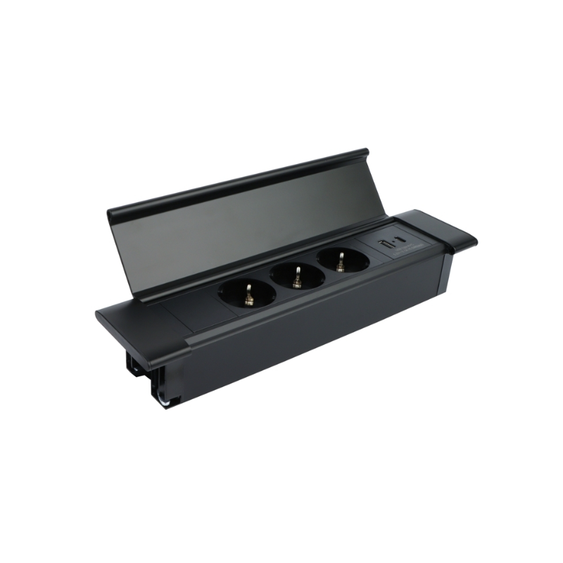 GNIAZDO BLATU FLAT BOX    3xSCH, 1xUSB-A, 1xUSB-C + przewód 1,8m czarne