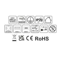 GNIAZDO BLATU FLAT BOX    3xSCH, 1xUSB-A, 1xUSB-C + przewód 1,8m czarne