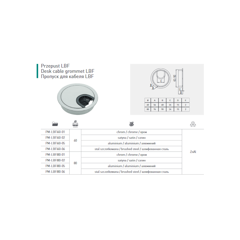 PRZELOTKA DO KABLI.METAL FI-60 ALUMINIUM