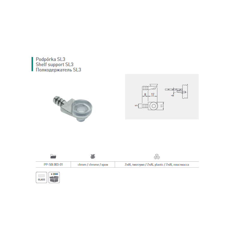 WSPORNIK PÓŁKI SZKLANEJ Z PRZYSS PROSTY SL3
