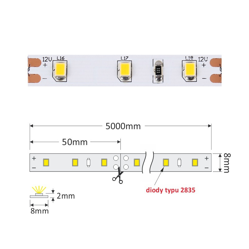 LED PASEK PREMIUM 300/2835 IP20 szer.  8mm B.CIEPŁY            5m     30W/ 12VDC 