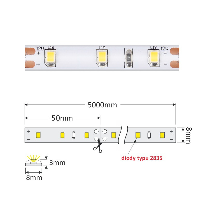 LED PASEK PREMIUM 300/2835 IP45 szer.  8mm B.NEUTRALNY   5m     30W  ŻEL
