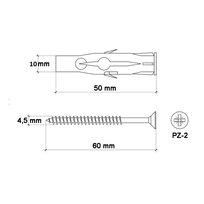 KOŁKI ROZPOROWE RU 10x60 z WKRĘTEM 60mm 200szt. KOŁKI ROZPOROWE RU 10x60 z WKRĘTEM 60mm 200szt.