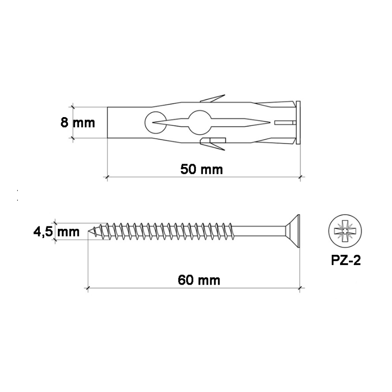 KOŁKI ROZPOROWE RU 8x60 z WKRĘTEM 60mm 100szt. KOŁKI ROZPOROWE RU 8x60 z WKRĘTEM 60mm 100szt.