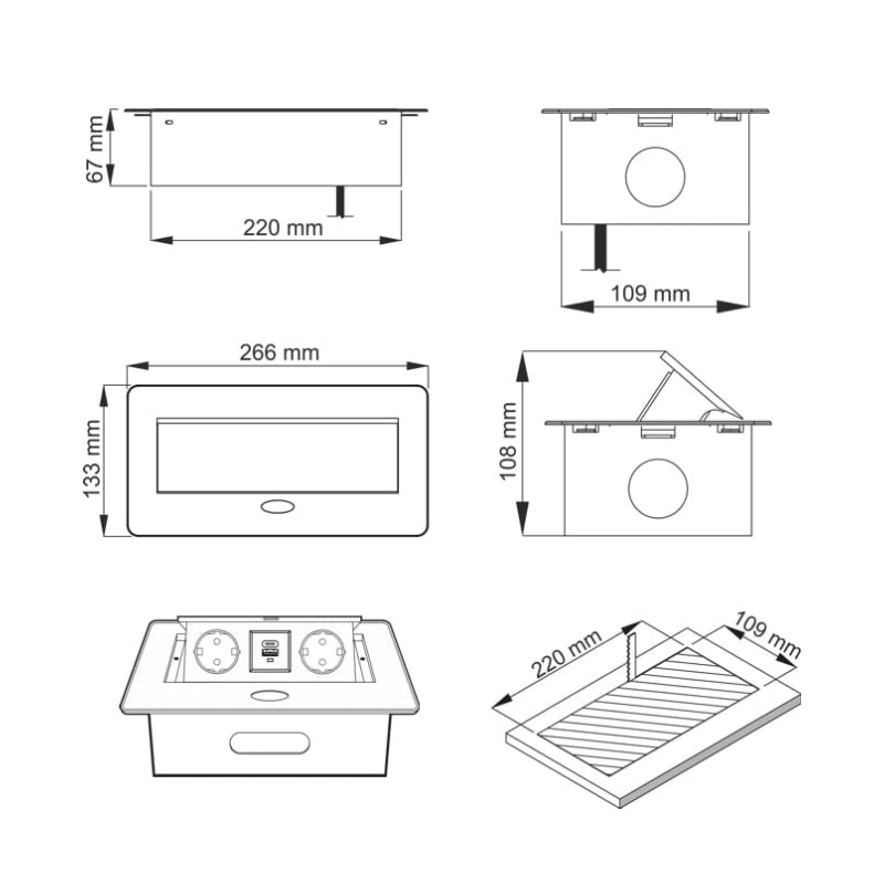 GNIAZDO BLATU PROSTOKĄT-2 2xUSB-A+C   OVAL alum