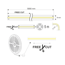 LED PASEK TAŚMA COB FREE CUT 12V 528 led/m 13,4W/m b. ciepły 5m