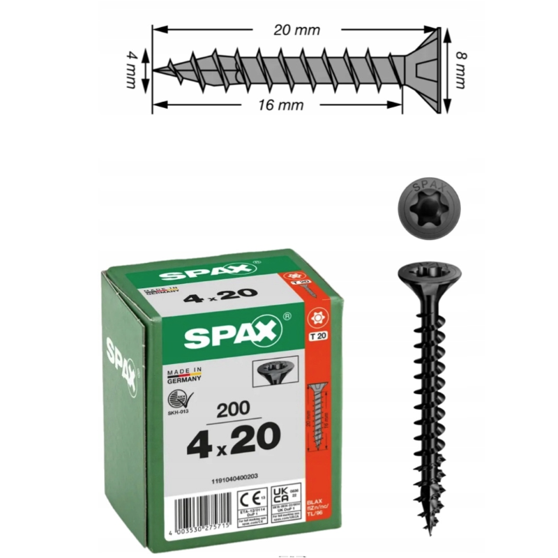 WKRĘT SPAX TORX MINI 4.0X20 op. 200 czarny WKRĘT SPAX TORX MINI 4.0X20 op. 200 czarny
