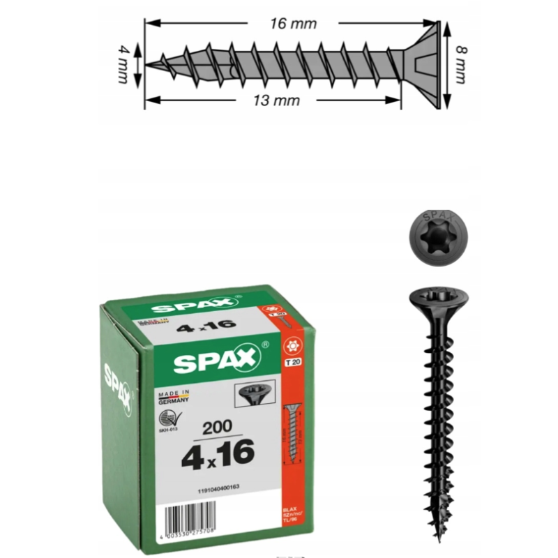 WKRĘT SPAX TORX MINI 4.0X16 op. 200 czarny WKRĘT SPAX TORX MINI 4.0X16 op. 200 czarny