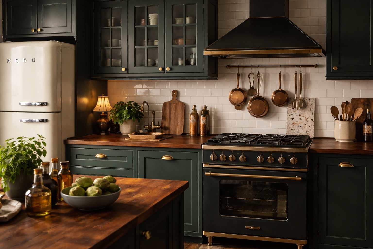 Ciemna kuchnia w stylu retro i vintage z frezowanymi frontami, mosiężnymi uchwytami i nowoczesną zabudową