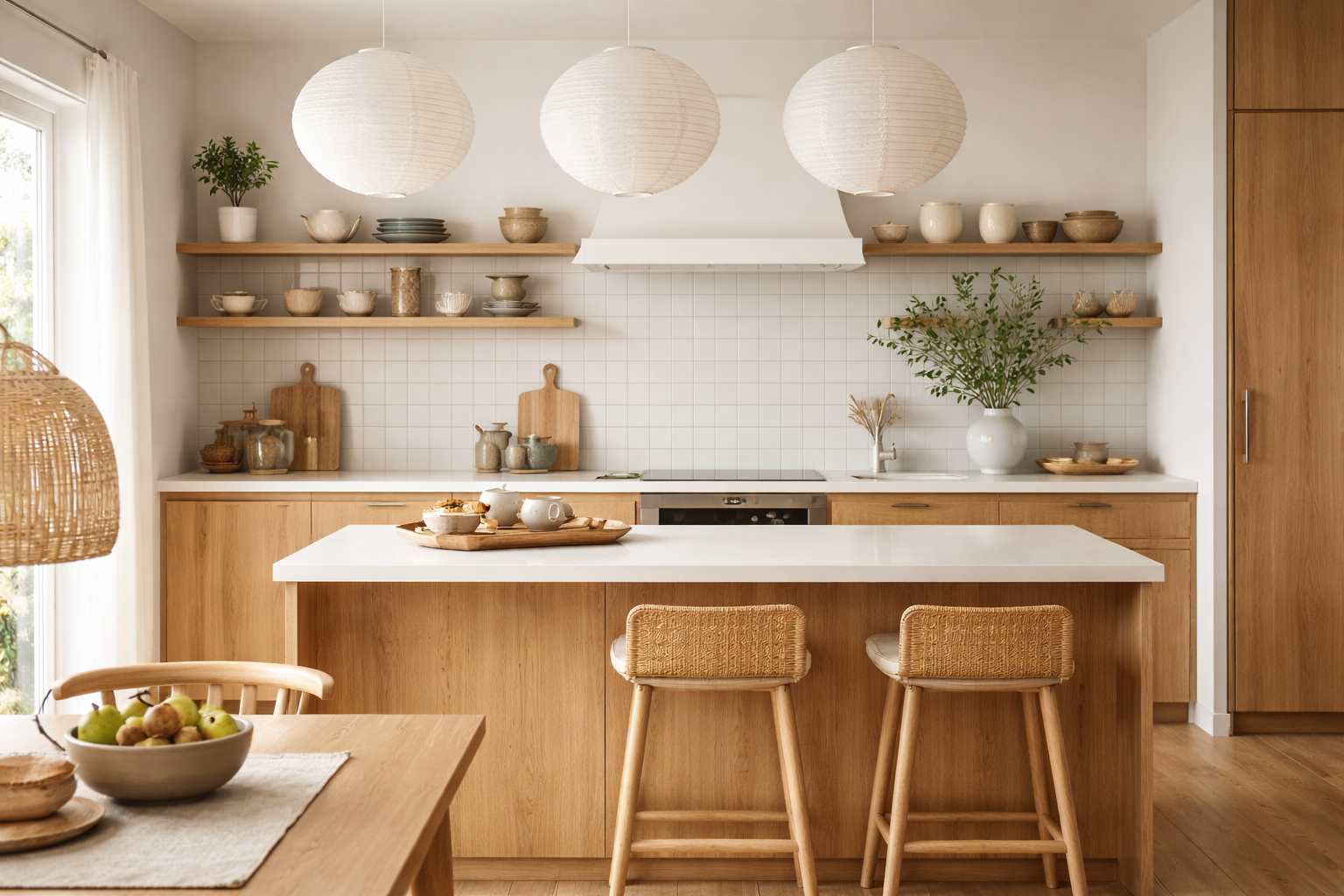 Kuchnia w stylu scandi i japandi – minimalistyczna zabudowa z jasnego drewna, wyspa kuchenna, naturalne materiały i ciepłe światło