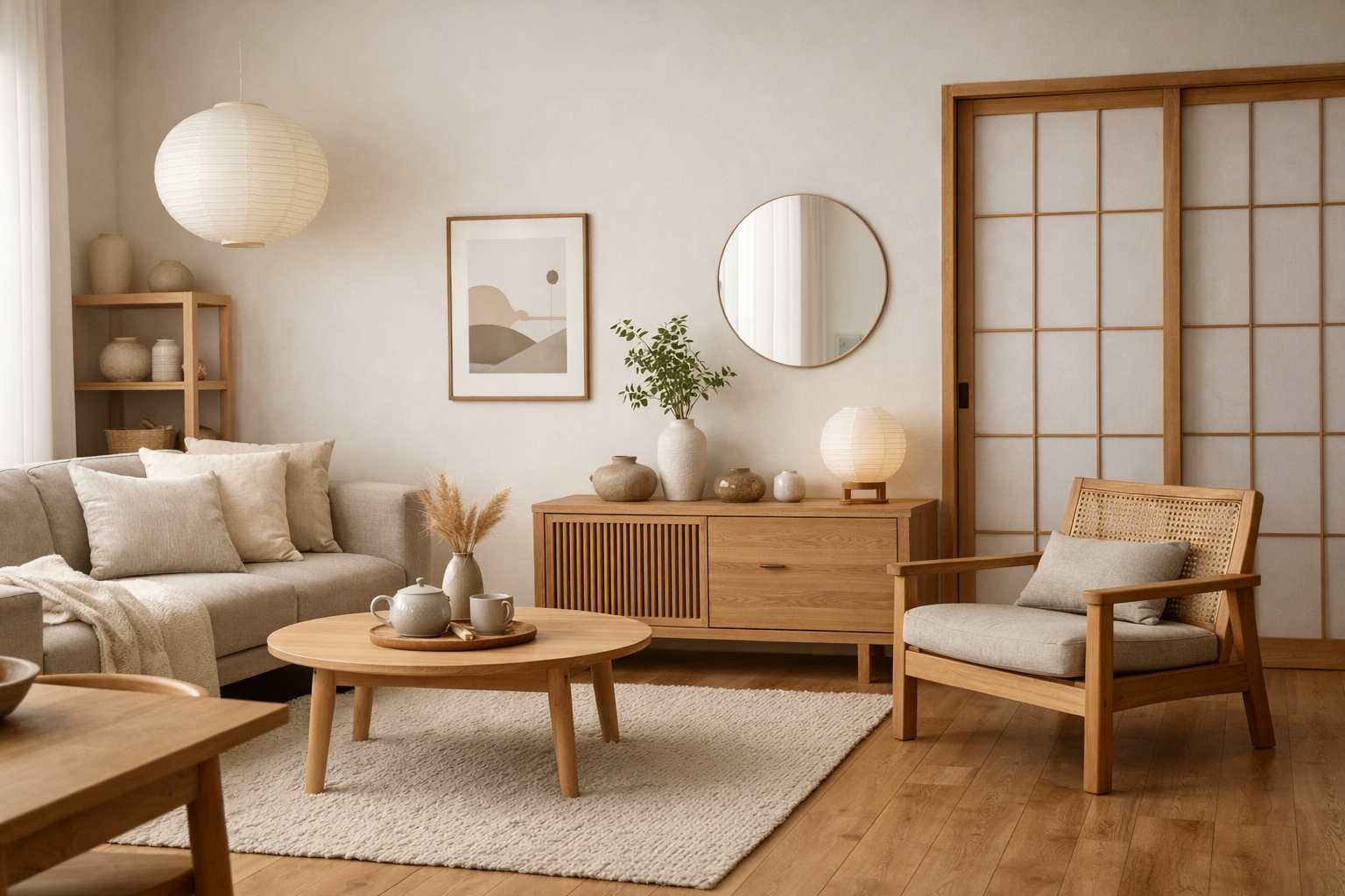 Wnętrze w stylu scandi i japandi – minimalistyczny salon z jasnym drewnem, naturalnymi tkaninami i ciepłym światłem dziennym