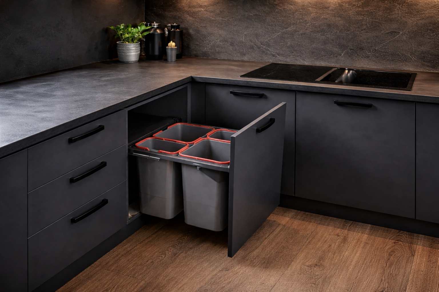 Nowoczesna kuchnia w ciemnej kolorystyce z otwartą szafką kuchenną, w której zamontowany jest wysuwany system pojemników do segregacji odpadów.