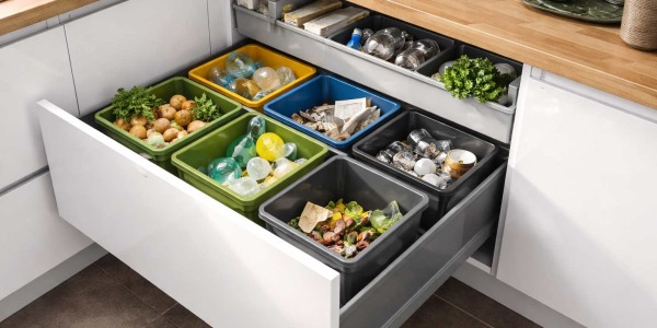 Organizery do segregacji odpadów i recyklingu w szafkach kuchennych
