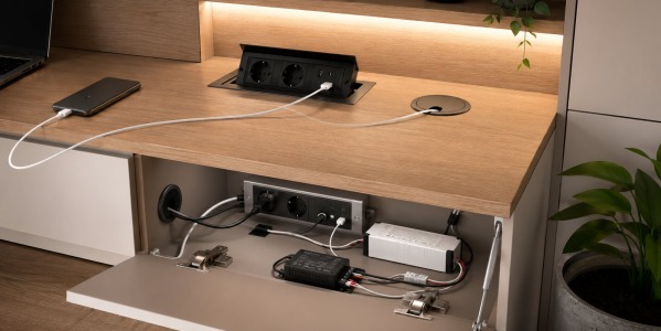 Gniazda meblowe, USB-C i zasilanie w zabudowie: jak zaplanować elektrykę w kuchni, biurku i garderobie bez kablowego bajzlu